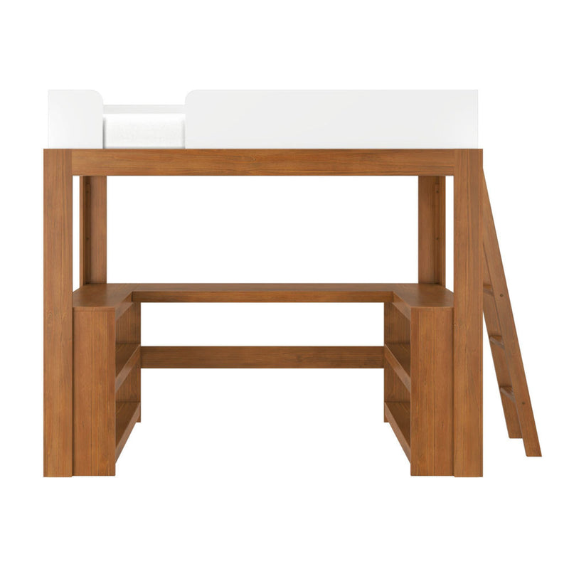 Modern wooden loft bed frame with built-in shelves, angled ladder and white safety rail in natural oak finish