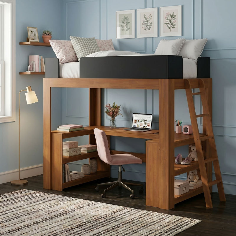Wooden loft bed with built-in desk and ladder in a light blue paneled bedroom, pink swivel chair, laptop workspace and decorative shelves with books and plants