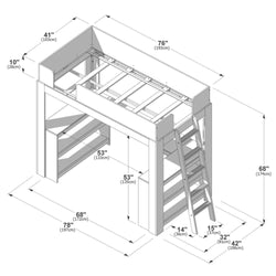 Loft bunk bed dimensions diagram showing twin loft bed with ladder, built-in shelves and labeled measurements in inches and centimeters (78 in, 68 in, 53 in, 41 in, 76 in)