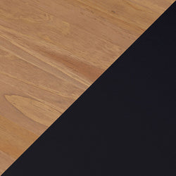 Close-up of natural wood grain tabletop diagonally meeting a black matte surface, minimalist wood texture for interior design