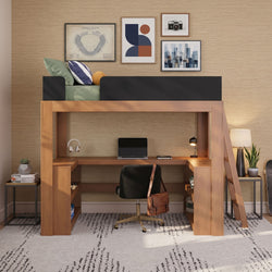 Modern wooden loft bed with built-in desk and laptop, compact home office workspace with black swivel chair, desk lamp, framed wall art and potted plants