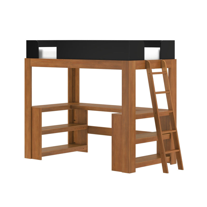 Natural wood loft bed with ladder, built-in shelves and black safety rail — space-saving modern wooden loft bed