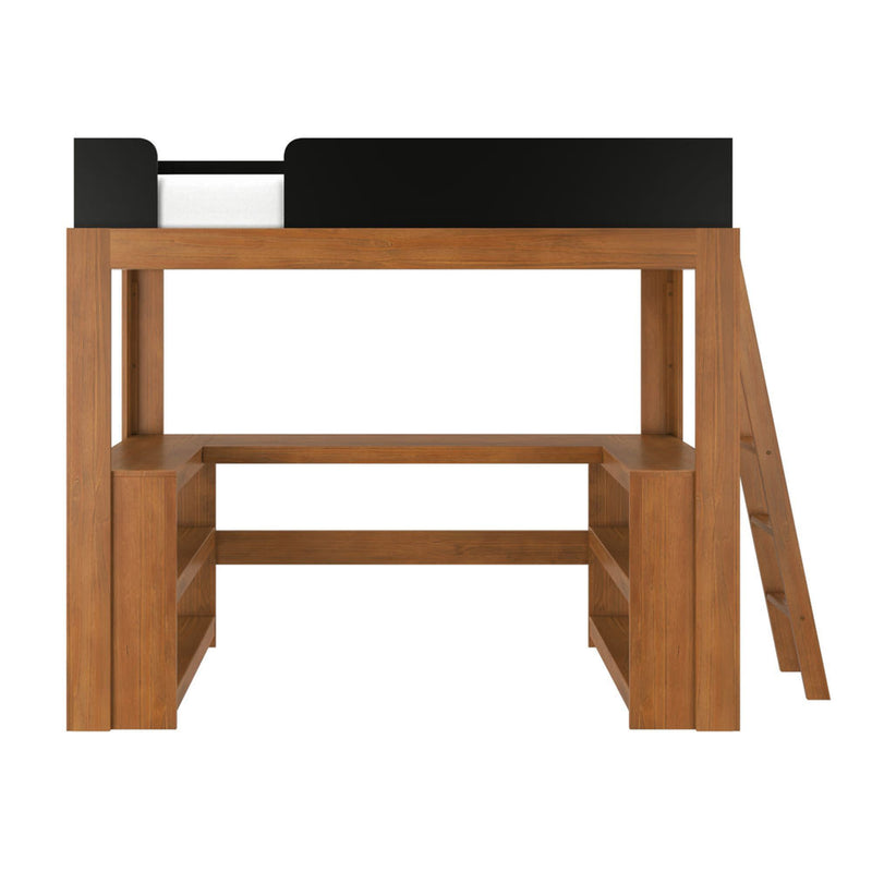 Walnut solid wood loft bed with integrated ladder and black safety guardrail — modern kids bunk bed frame with white mattress