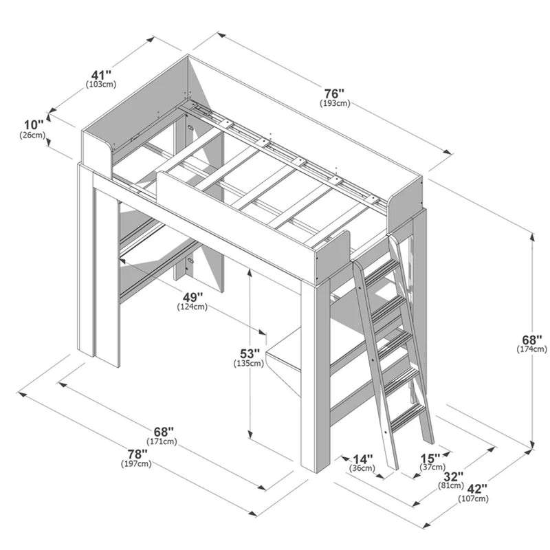 Isometric assembly diagram of a wooden loft bed frame with ladder, storage cubby and detailed dimensions in inches and centimeters