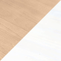 Top-view light wood desk with white paper corner, minimal clean workspace background