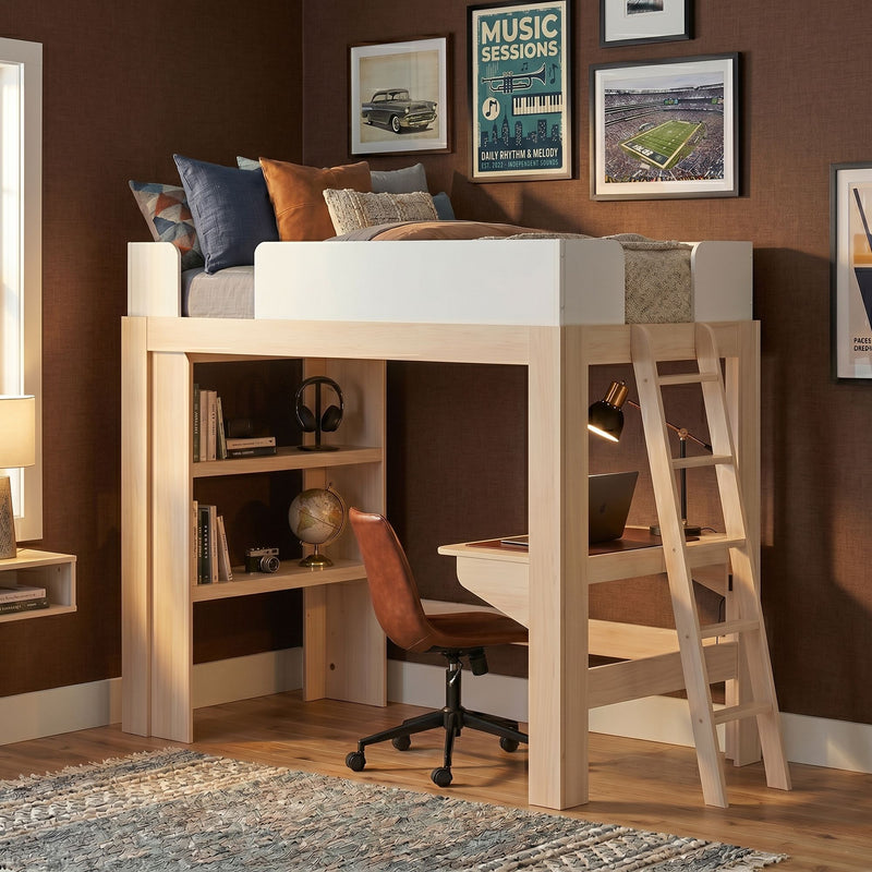 Loft bed with built-in desk and ladder in natural wood, storage shelves, leather swivel chair, pillows and framed wall art in a modern kids bedroom