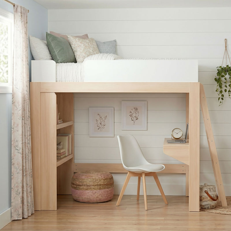 Light wood loft bed with built-in desk, white chair, pastel pillows and hanging plant in a Scandinavian-style kids' bedroom