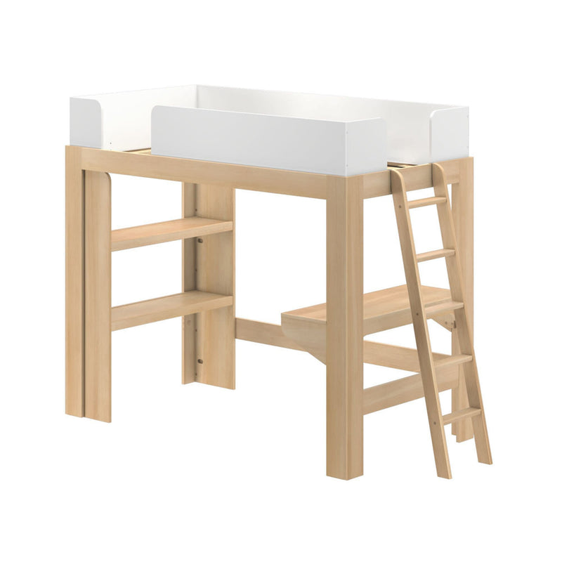Natural wood kids loft bed with ladder, built-in shelves and white safety guardrails