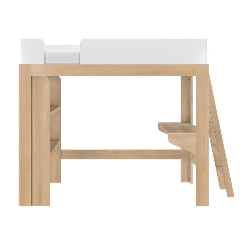 Natural oak loft bed with white safety rail and integrated ladder and shelves, minimalist kids' platform bunk bed frame