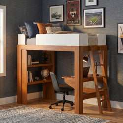 Modern wooden loft bed with built-in desk and shelving, ladder and cozy bedding in a contemporary kids' study bedroom