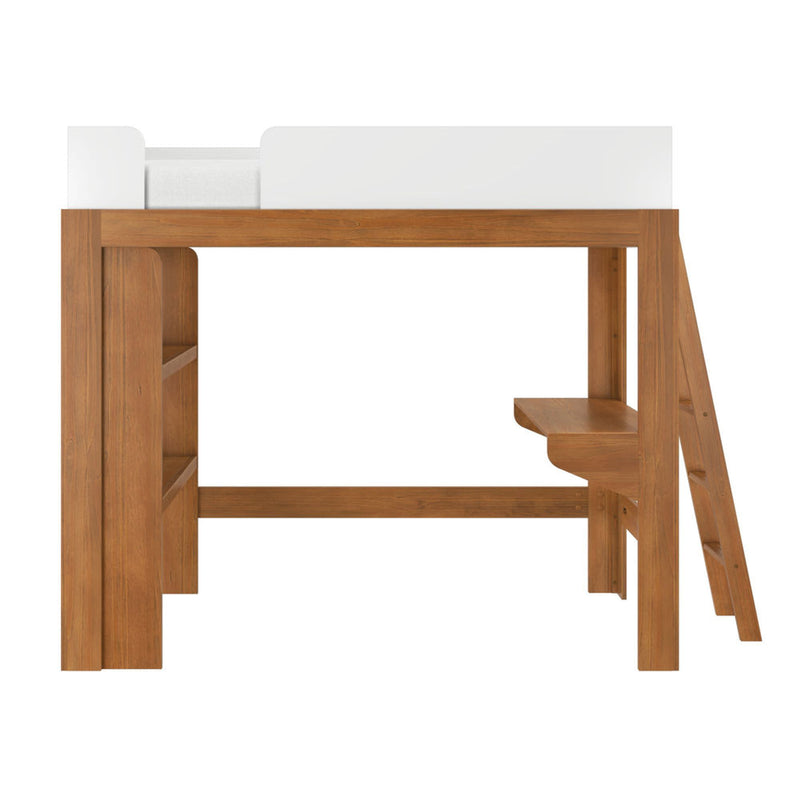 Wooden loft bed frame in natural oak finish with integrated ladder, built‑in shelving and white safety guardrail, modern kids bunk bed