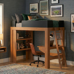 Wooden loft bed with built-in desk, ladder and shelving, green bedding, leather swivel chair and desk lamp in a modern teen bedroom workspace