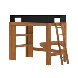 Solid walnut loft bed with built-in ladder and open shelving, black safety guardrail platform bed ideal for kids and small bedrooms
