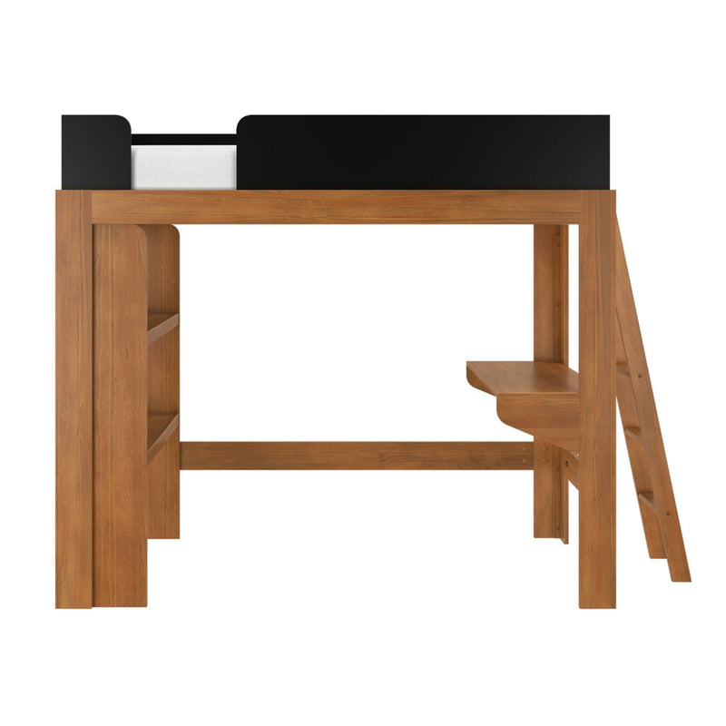 Modern wooden loft bed with oak finish, built-in ladder and black safety guard rail — space-saving kids' bunk bed design