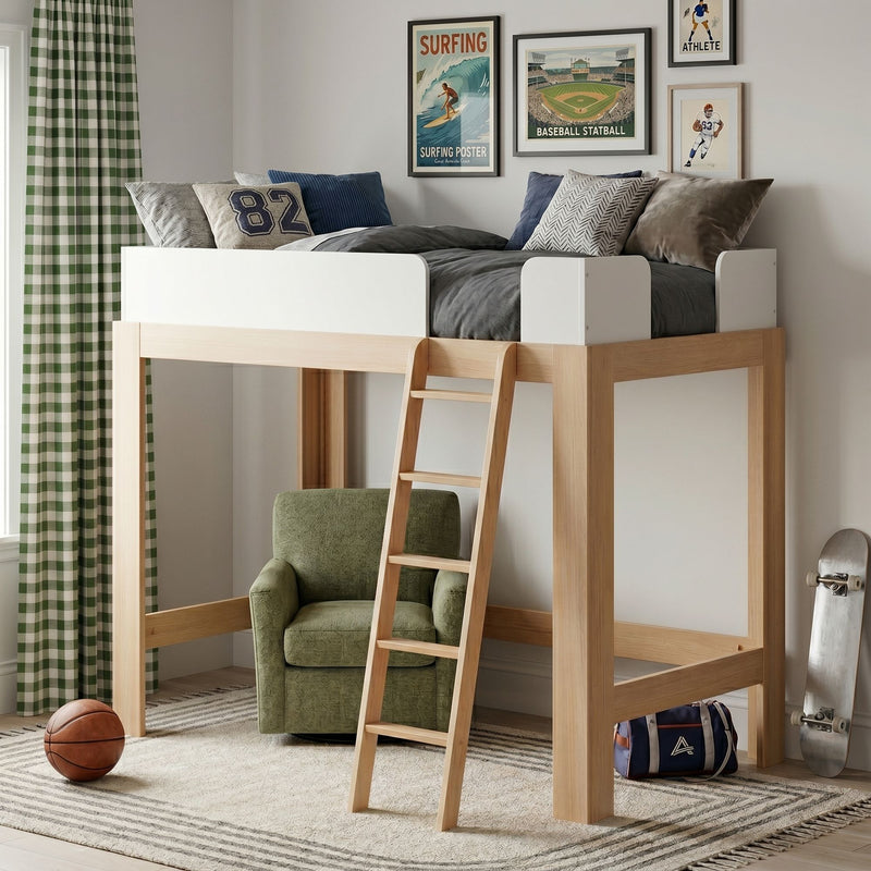 Wooden loft bed with ladder in a kids' sports bedroom, green armchair underneath, basketball, skateboard, posters.