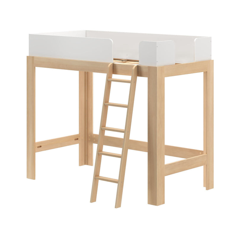 Space-saving natural pine loft bed with wooden ladder and white safety guardrail — minimalist children's high sleeper for small bedrooms