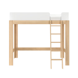 Natural oak twin loft bed with ladder and white safety rail minimalist wooden platform bed frame for kids and teens