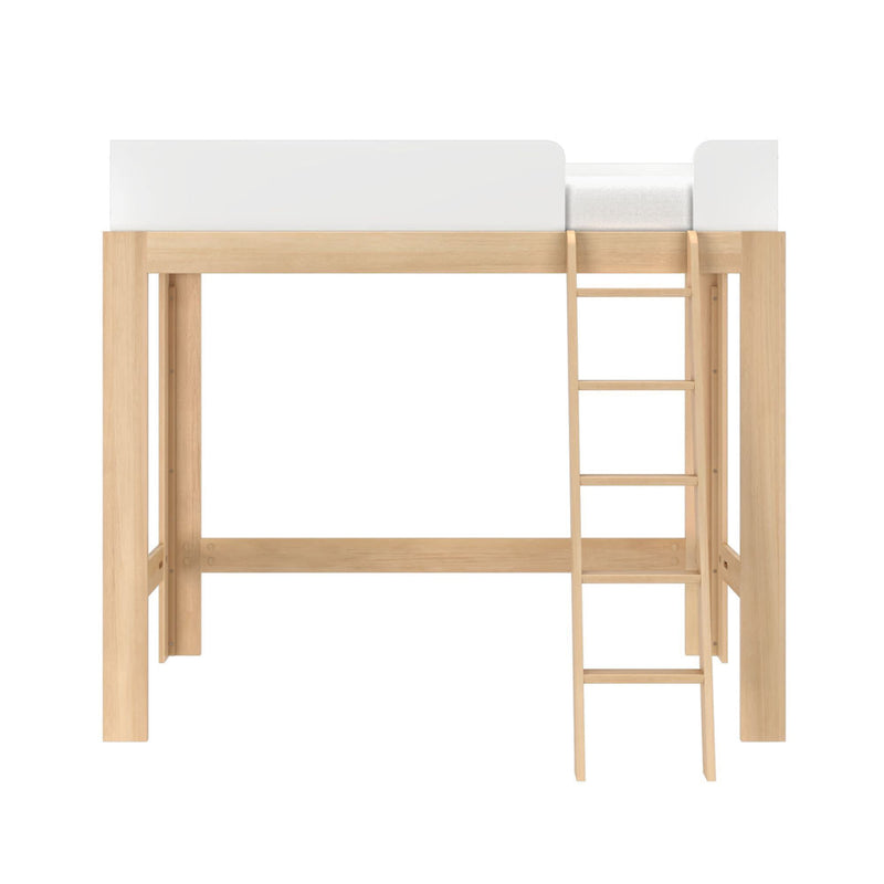 Natural oak twin loft bed with ladder and white safety rail minimalist wooden platform bed frame for kids and teens