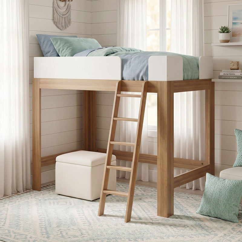 Wooden loft bed with ladder and white guardrails, twin elevated bed with pastel blue-green bedding, sheer curtains, boho wall hanging, potted succulent and ottoman in a light coastal farmhouse bedroom
