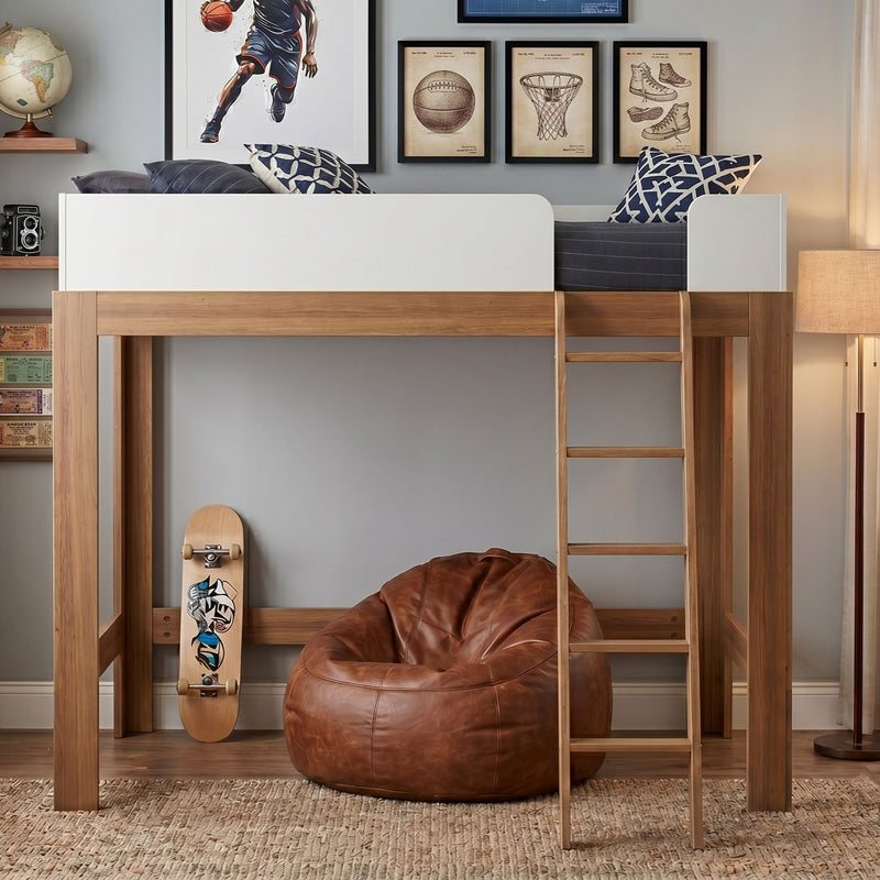 Modern wooden loft bed in kids' bedroom with ladder, skateboard, brown leather bean bag, globe and framed sports wall art