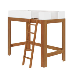 Natural oak wooden loft bed frame with white safety rails and integrated ladder, space-saving kids loft bed