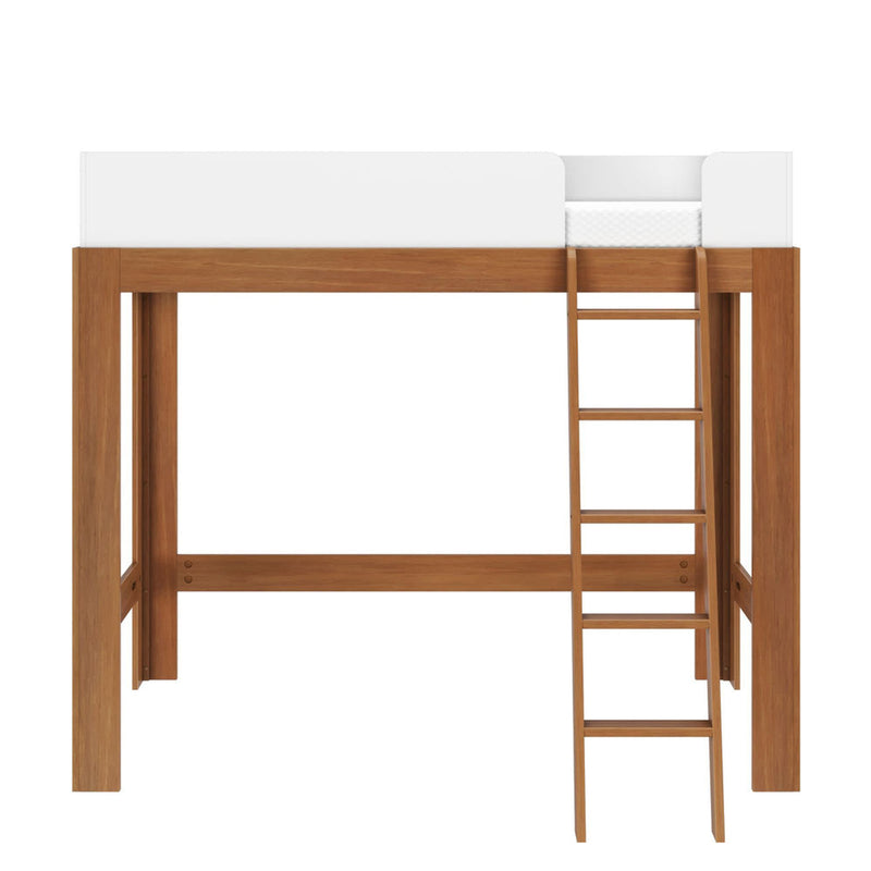 Modern solid wood loft bed with natural finish, built-in ladder and white safety guardrail over a mattress