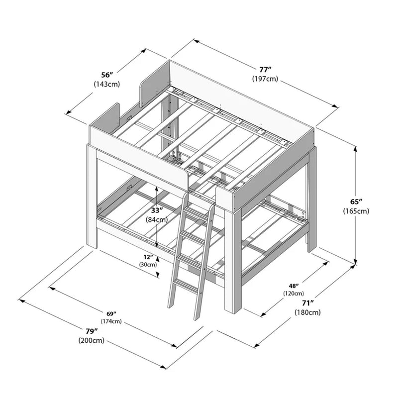 Loft bunk bed dimensions diagram showing twin-size top bunk with ladder, guardrails and support slats, annotated measurements in inches and centimeters