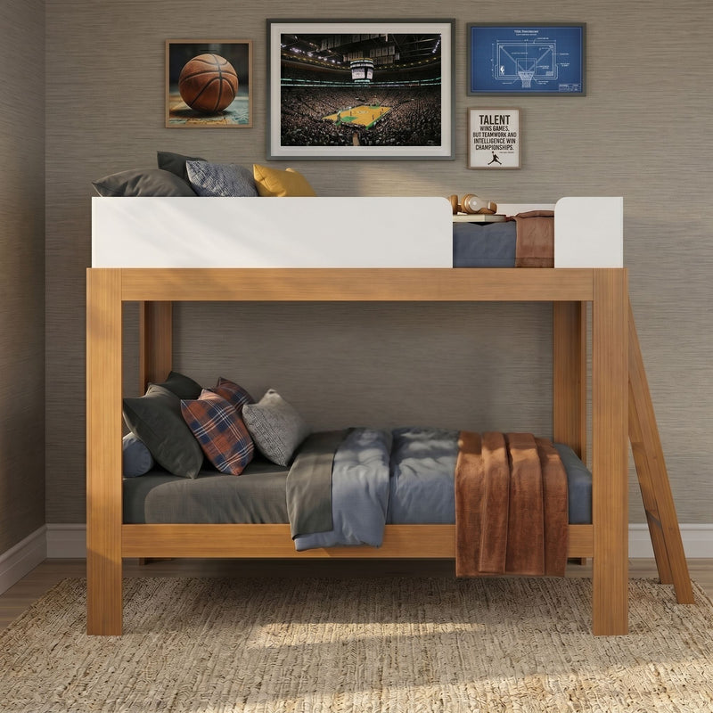 Wooden bunk bed with cozy blue and brown bedding and plaid pillows beneath a sports-themed gallery wall featuring basketball prints in a modern kids' bedroom