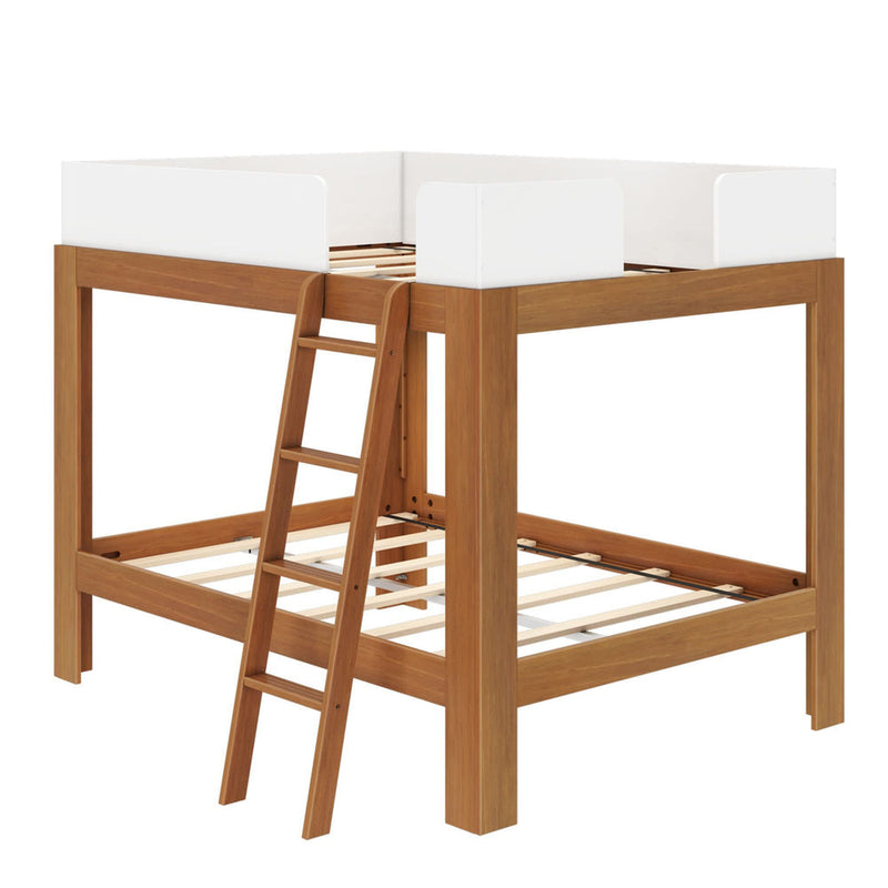 Wooden loft bed frame with ladder and white safety rails, slatted mattress support and natural wood finish – modern kids' bunk bed design