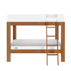 Oak-finish wooden loft bed with ladder and white twin mattress, modern minimalist bunk frame for kids' bedroom