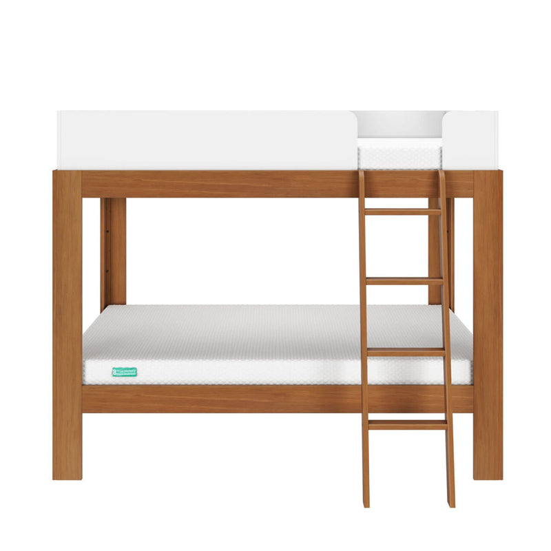 Oak-finish wooden loft bed with ladder and white twin mattress, modern minimalist bunk frame for kids' bedroom