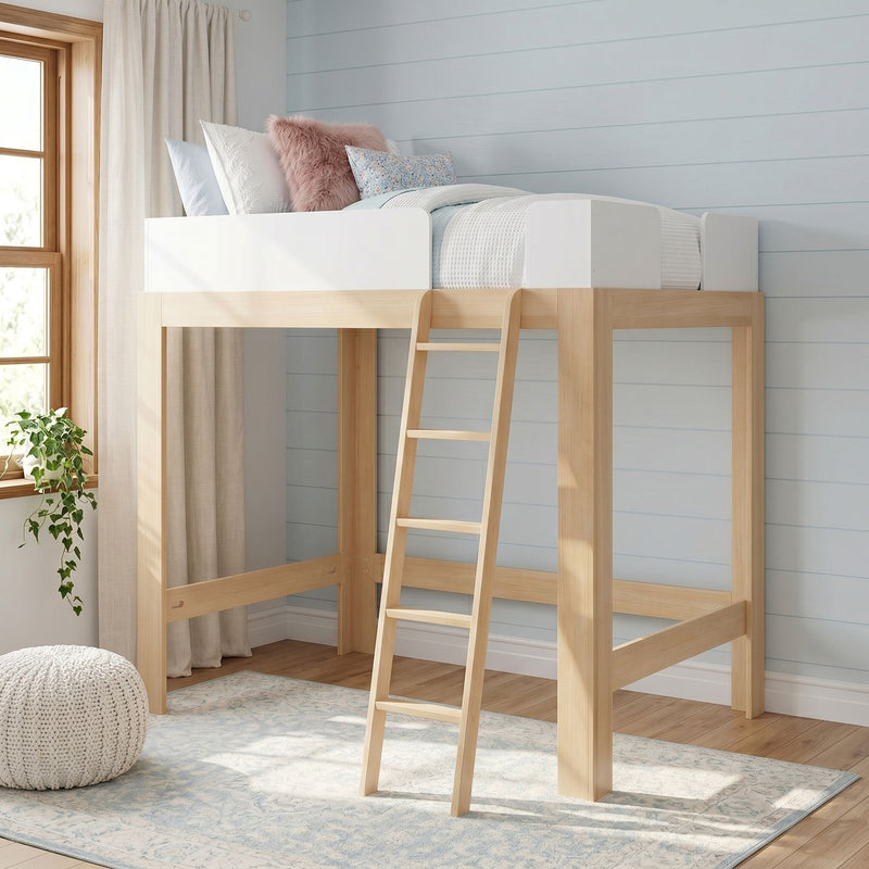 Light wood loft bed with ladder, white bedding and pink faux-fur pillow against pale blue shiplap wall in cozy modern kids' bedroom