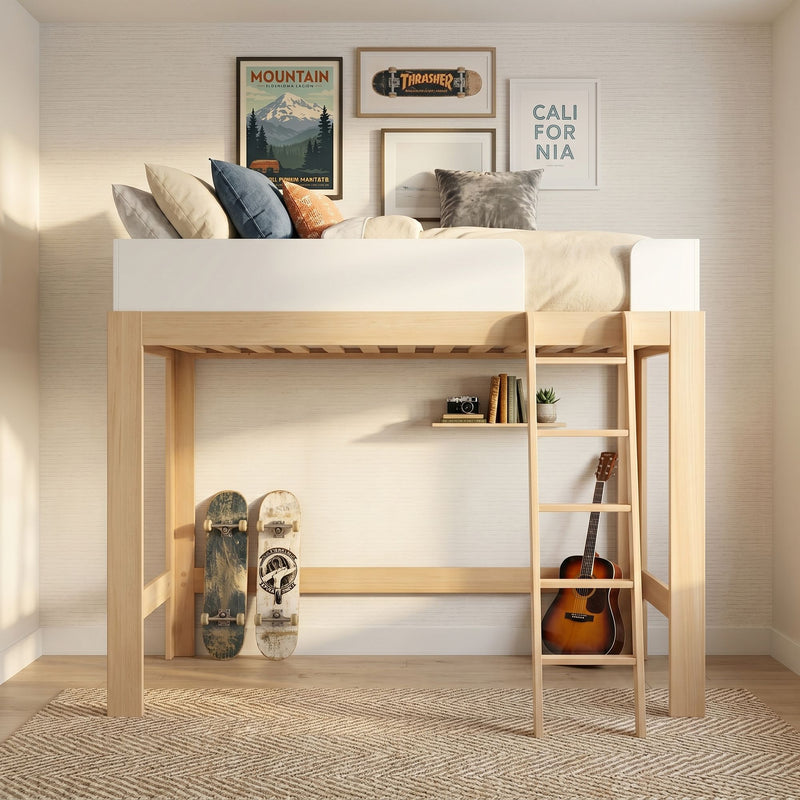 Wooden loft bed with neutral bedding and throw pillows, modern minimalist teen bedroom with gallery wall posters, two skateboards, acoustic guitar and under-bed storage