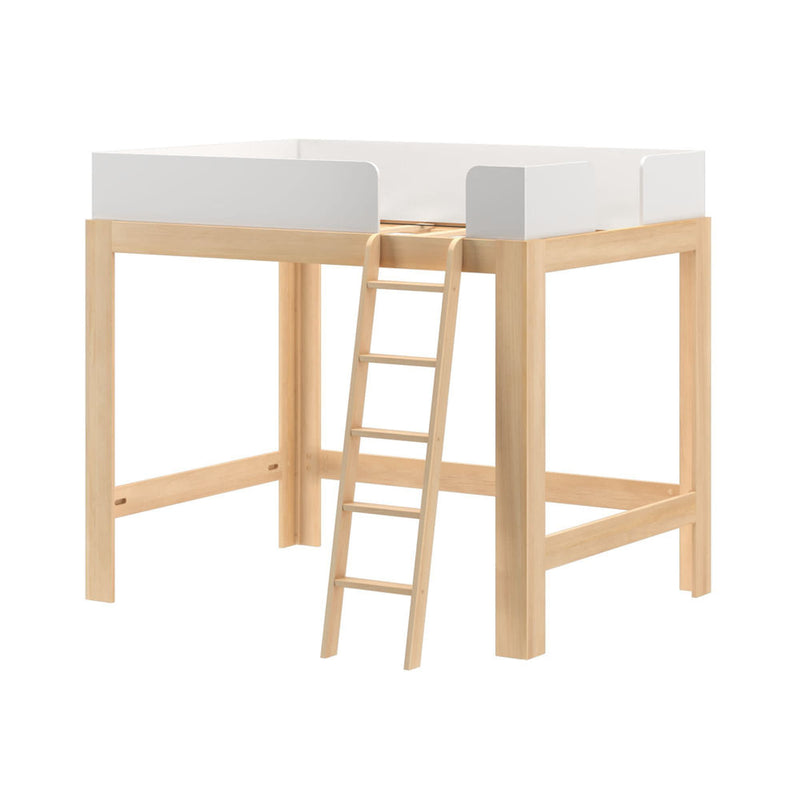 Natural wood loft bed with ladder and white safety rails — modern space-saving elevated bed frame for kids' bedroom