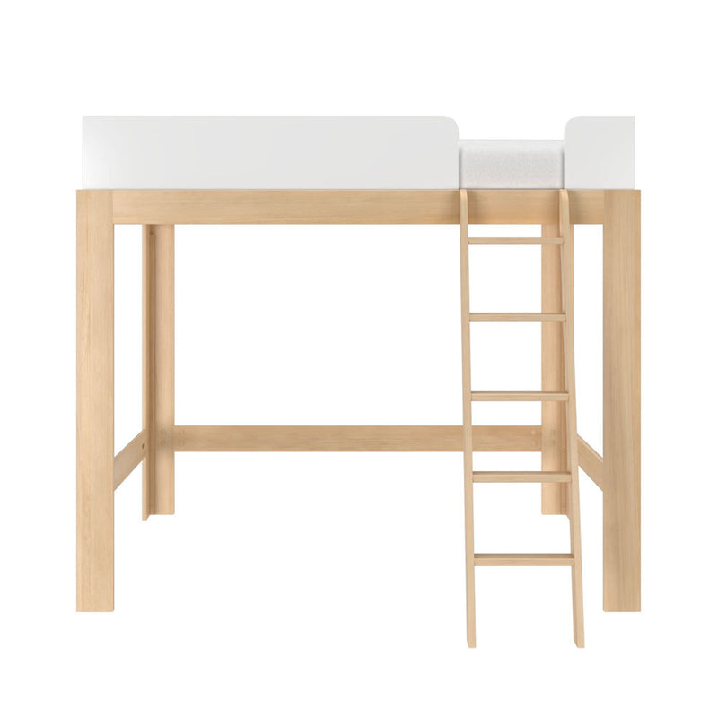 Twin loft bed in natural light wood with ladder and white safety guardrail, space-saving high bed frame for kids' rooms