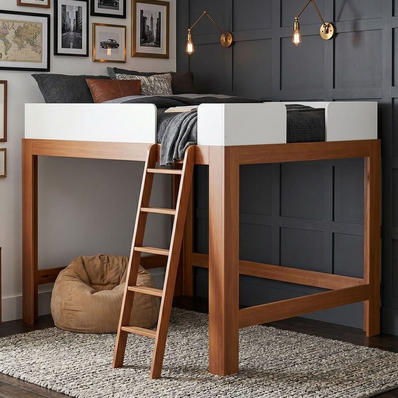 Modern wooden loft bed with ladder, charcoal bedding and leather accent pillow against a dark gray paneled wall with brass sconces, gallery art and corduroy bean bag