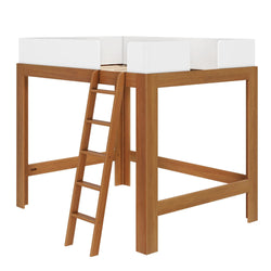 Natural wood loft bed frame with ladder and white safety guard rails — modern, space-saving elevated bed for kids