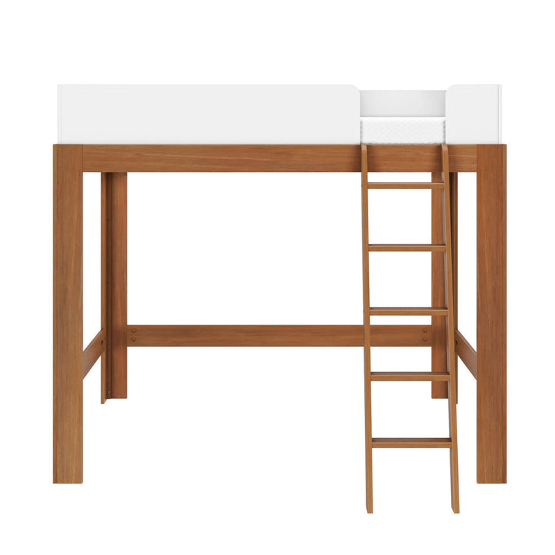 Natural wood loft bed frame with ladder and white safety guardrail, minimalist elevated bedroom furniture