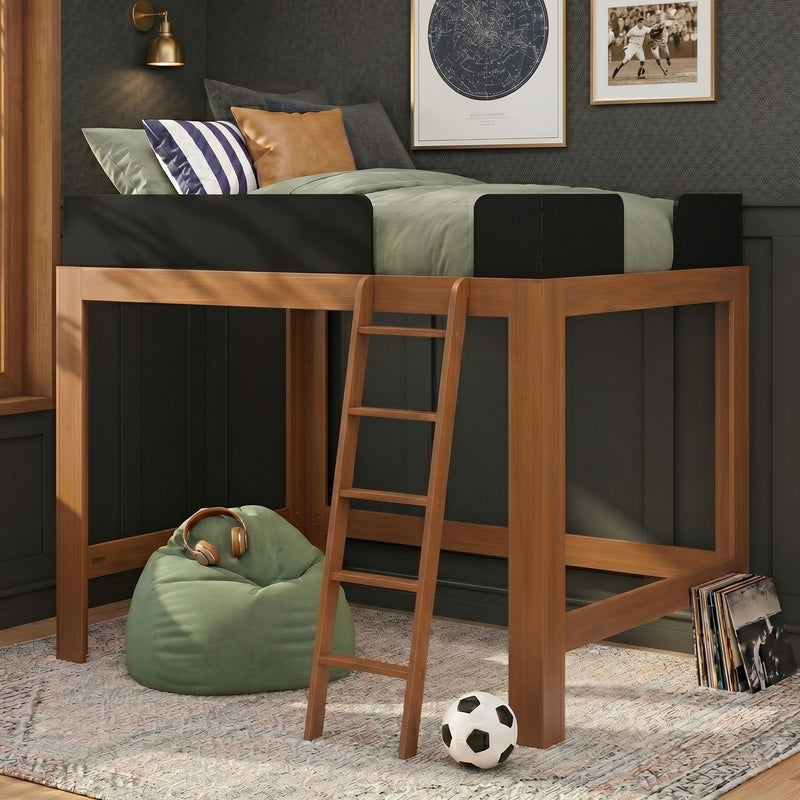 Wooden loft bed with ladder in modern kids' bedroom, green bedding and striped pillow, bean bag with headphones, soccer ball and vinyl records