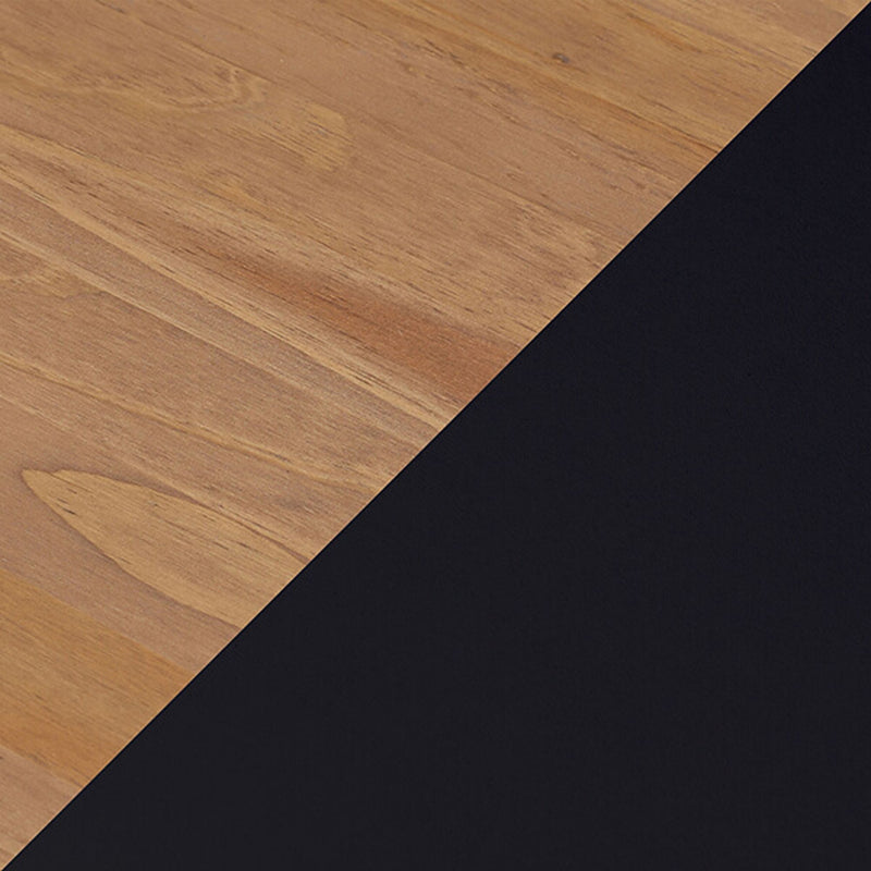 Close-up diagonal of oak wood grain tabletop contrasting with smooth black matte desktop — modern wood and black surface texture