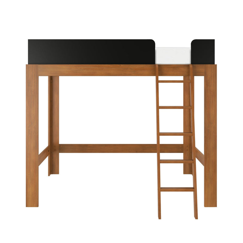 Solid wood loft bed frame with built-in ladder and black safety guardrail in natural finish