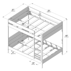 Isometric assembly diagram of a wooden bunk bed frame with ladder, slats and support rails labeled with dimensions (79" / 200 cm length, 57" / 106 cm width, 69" / 175 cm height, 59" / 150 cm inner frame) — bunk bed dimensions and assembly guide