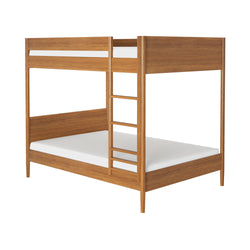 Wooden bunk bed with integrated ladder and guardrails, solid oak finish twin-over-twin frame for kids' bedroom in a modern minimalist design
