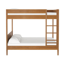 Minimalist natural oak wooden bunk bed with integrated ladder and white bedding, modern kids' bedroom furniture