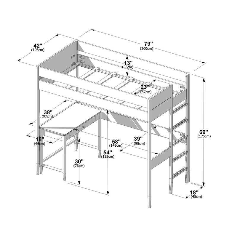 Twin loft bed with integrated desk and ladder dimensions diagram showing measurements in inches and centimeters (79" length, 42" width, 69" height)