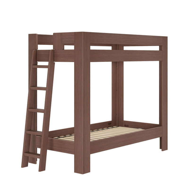 Brown wooden loft bunk bed with ladder and twin slatted platform, modern sturdy solid-wood frame for kids' bedroom