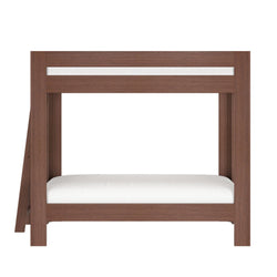 Front view of a walnut-finish wooden dining chair with white upholstered seat cushion, modern minimalist design