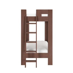 Modern walnut-finish solid wood bunk bed with integrated ladder and white mattresses — space-saving twin loft bed for kids' bedroom