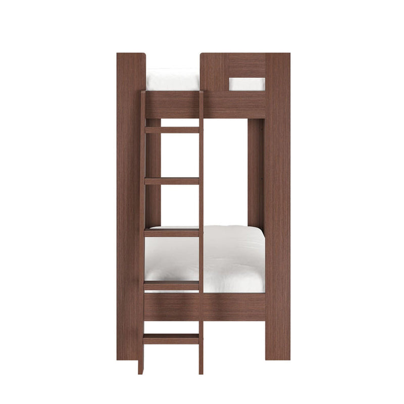 Modern walnut-finish solid wood bunk bed with integrated ladder and white mattresses — space-saving twin loft bed for kids' bedroom