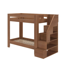 Modern brown wooden bunk bed with built-in staircase and open shelving storage, twin loft-style frame with slatted mattress support for kids' bedroom furniture